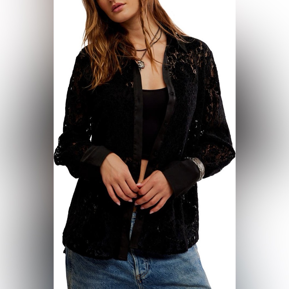 Free‎ People Faith Lace Button-Up Shirt Black